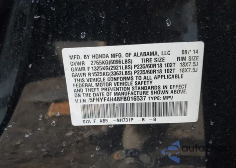 2015 Honda Pilot Ex z USA, uszkodzony, nr VIN 5FNYF4H48FB016537